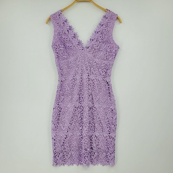 Rubber Ducky Lavender Tatting Lace Sleeveless V Neck Sheath Dress - Picture 7 of 11